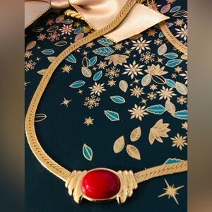 Vintage Necklace - Trifari Red Cabochon Gold Tone Herringbone, 1980s